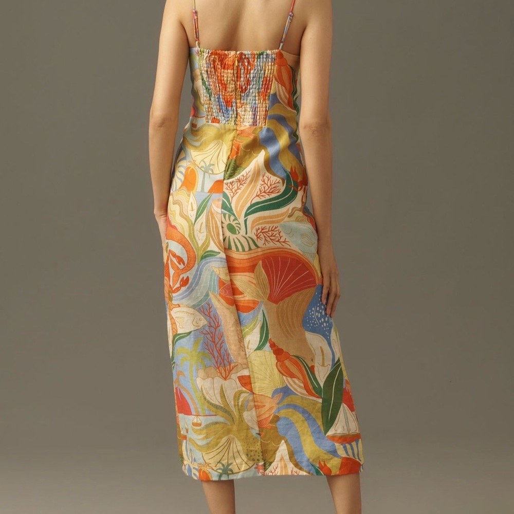 FARM Rio Linen sleeveless sweat heart slim midi dress in ocean view multicolor - Picture 2 of 9